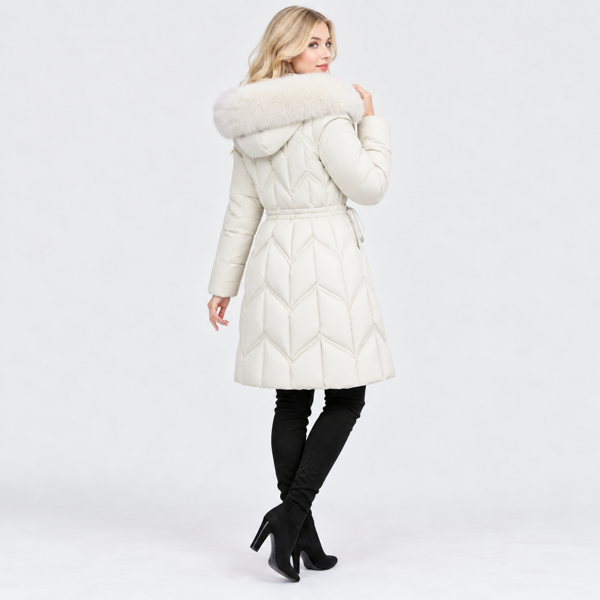 NAJAS | Women's Mid-Length Padded Winter Coat with Large Fur Collar