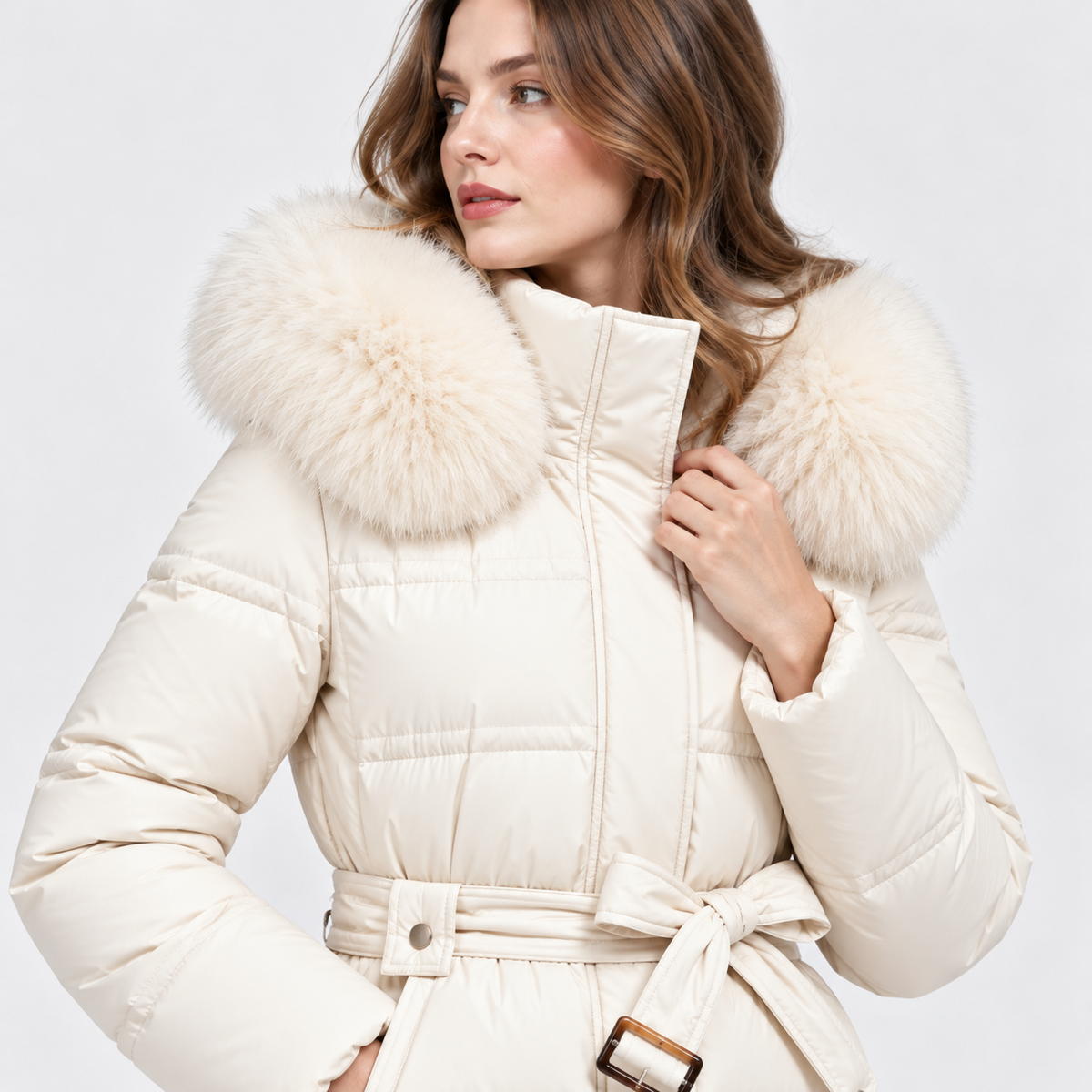 NAJAS | Women's Long Winter Coat with Fur Trimmed Hood and Belt