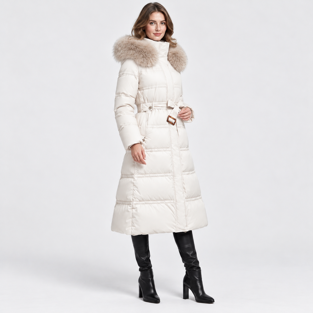 NAJAS | Women's Long Winter Coat with Fur Trimmed Hood and Belt