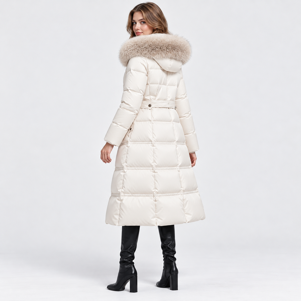 NAJAS | Women's Long Winter Coat with Fur Trimmed Hood and Belt