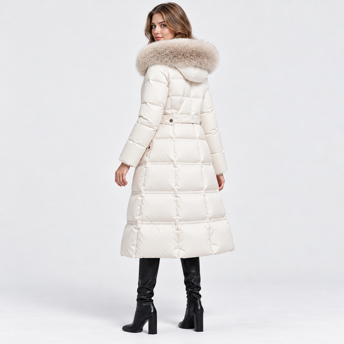 NAJAS | Women's Long Winter Coat with Fur Trimmed Hood and Belt