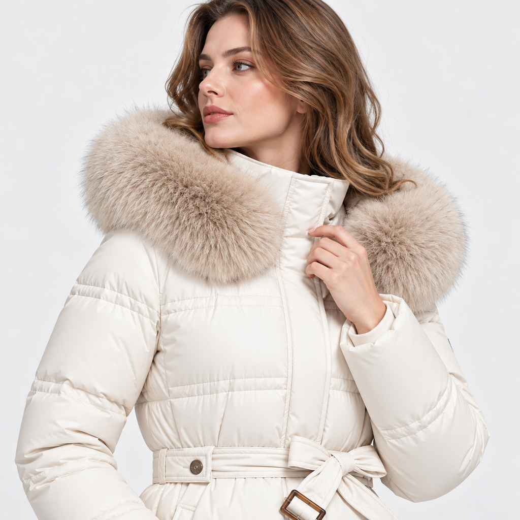 NAJAS | Women's Long Winter Coat with Fur Trimmed Hood and Belt