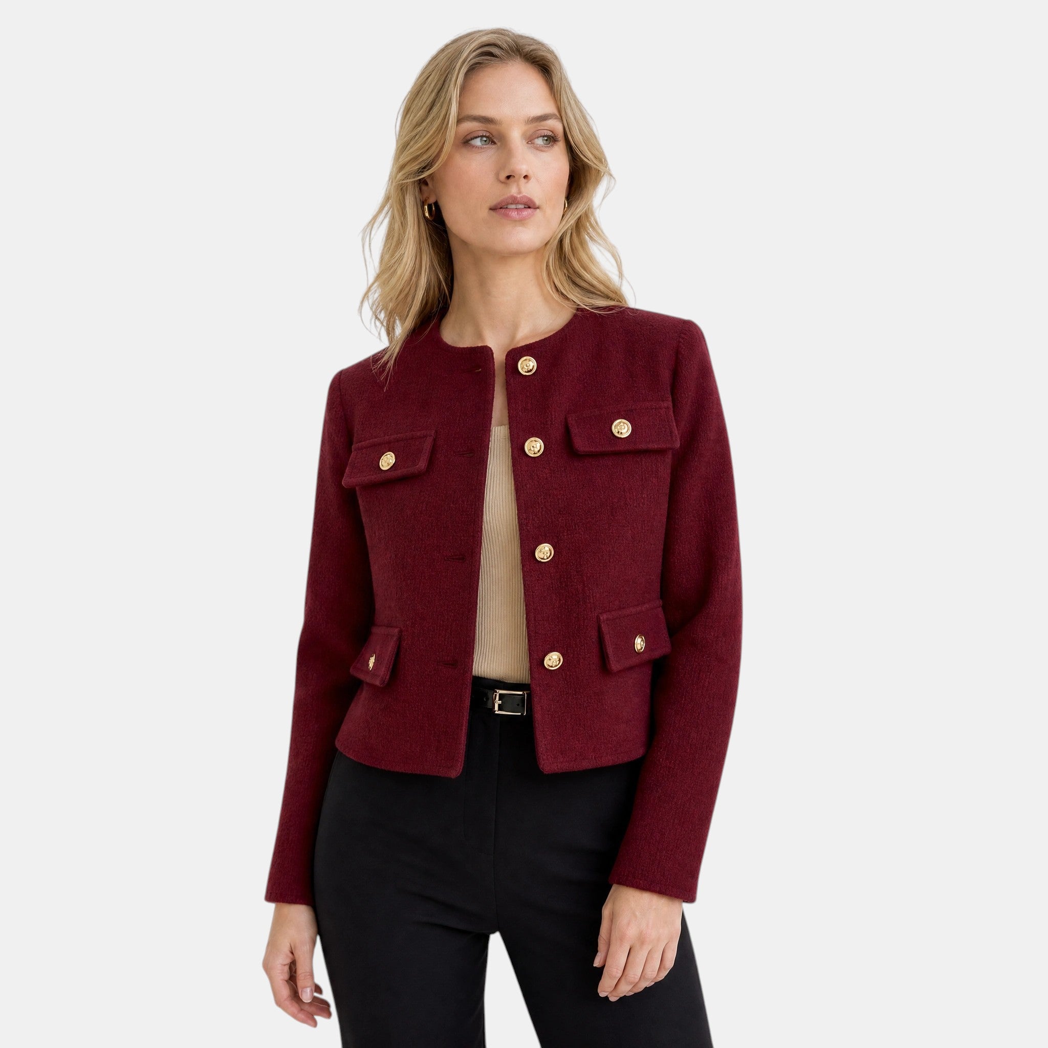 NAJAS | Women's Collarless Button Front Textured Jacket