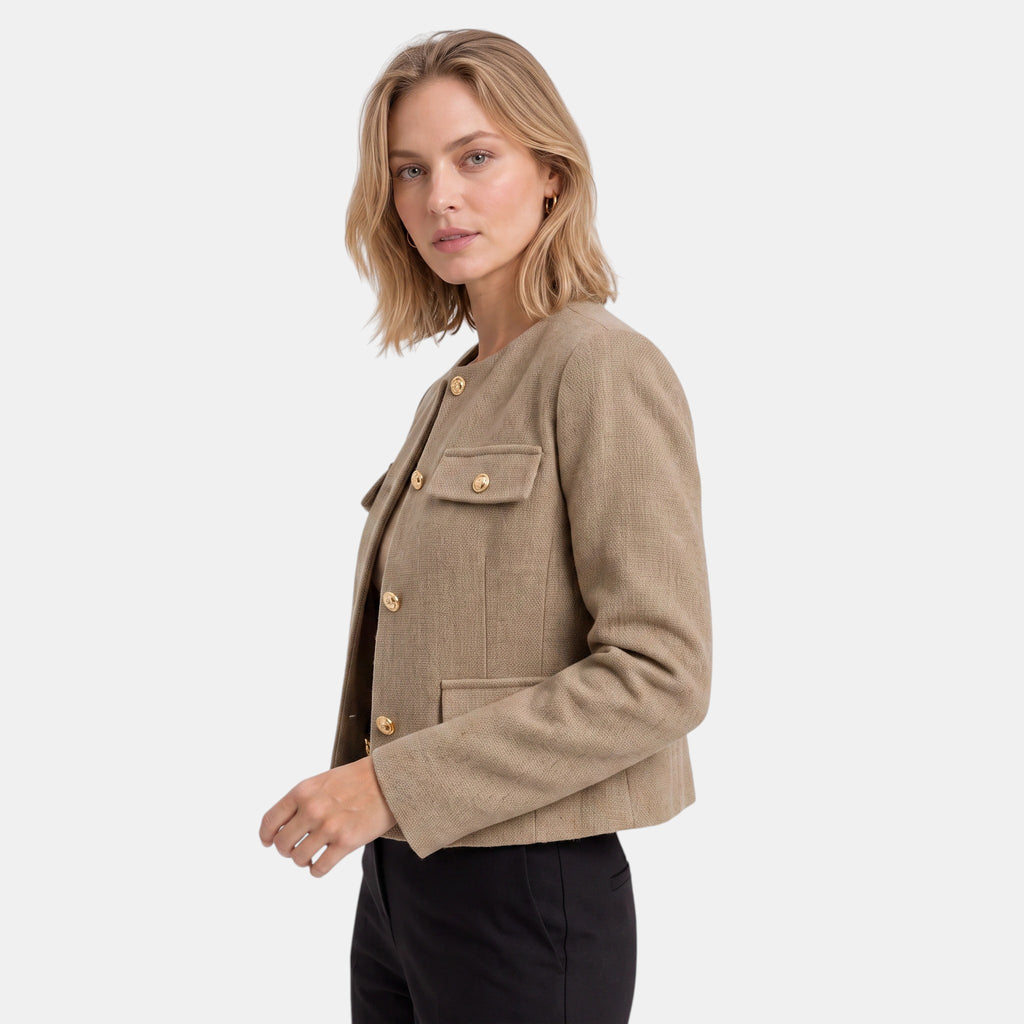 NAJAS | Women's Collarless Button Front Textured Jacket
