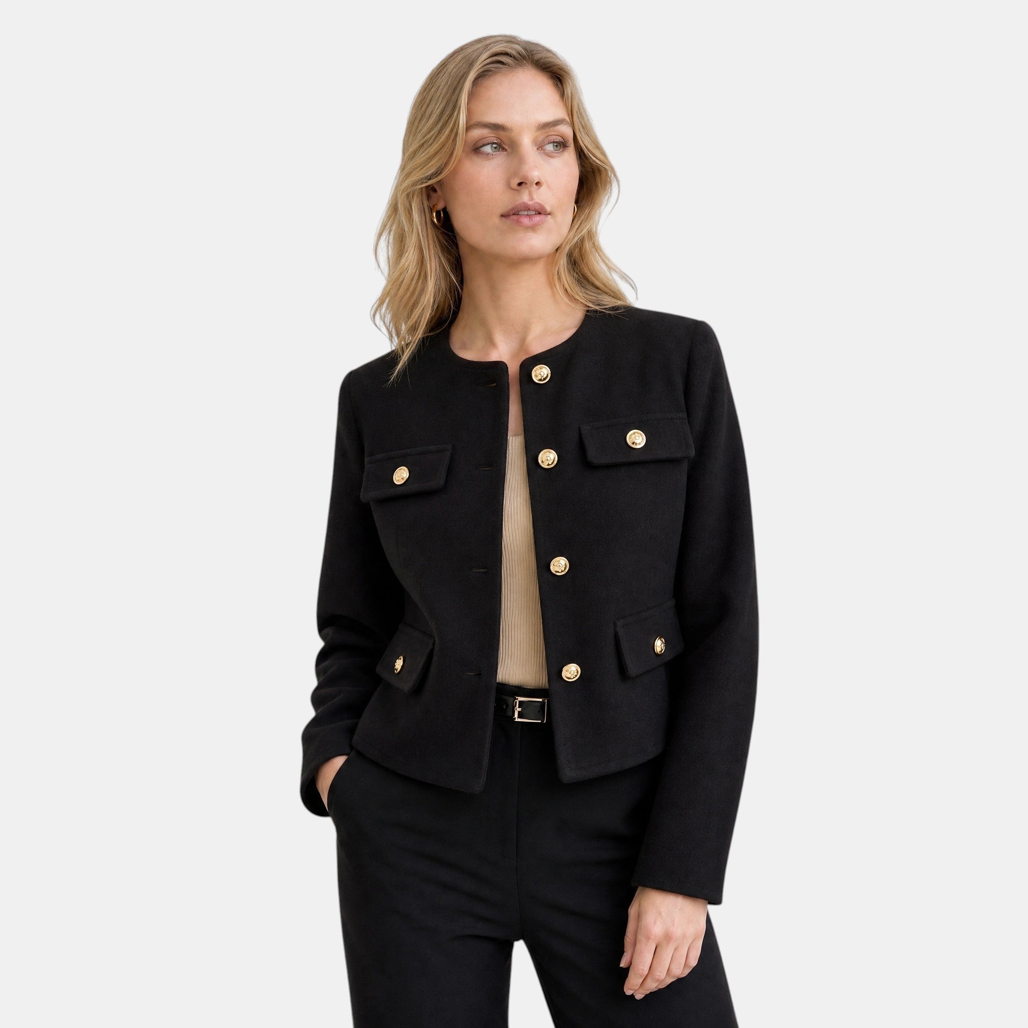 NAJAS | Women's Collarless Button Front Textured Jacket