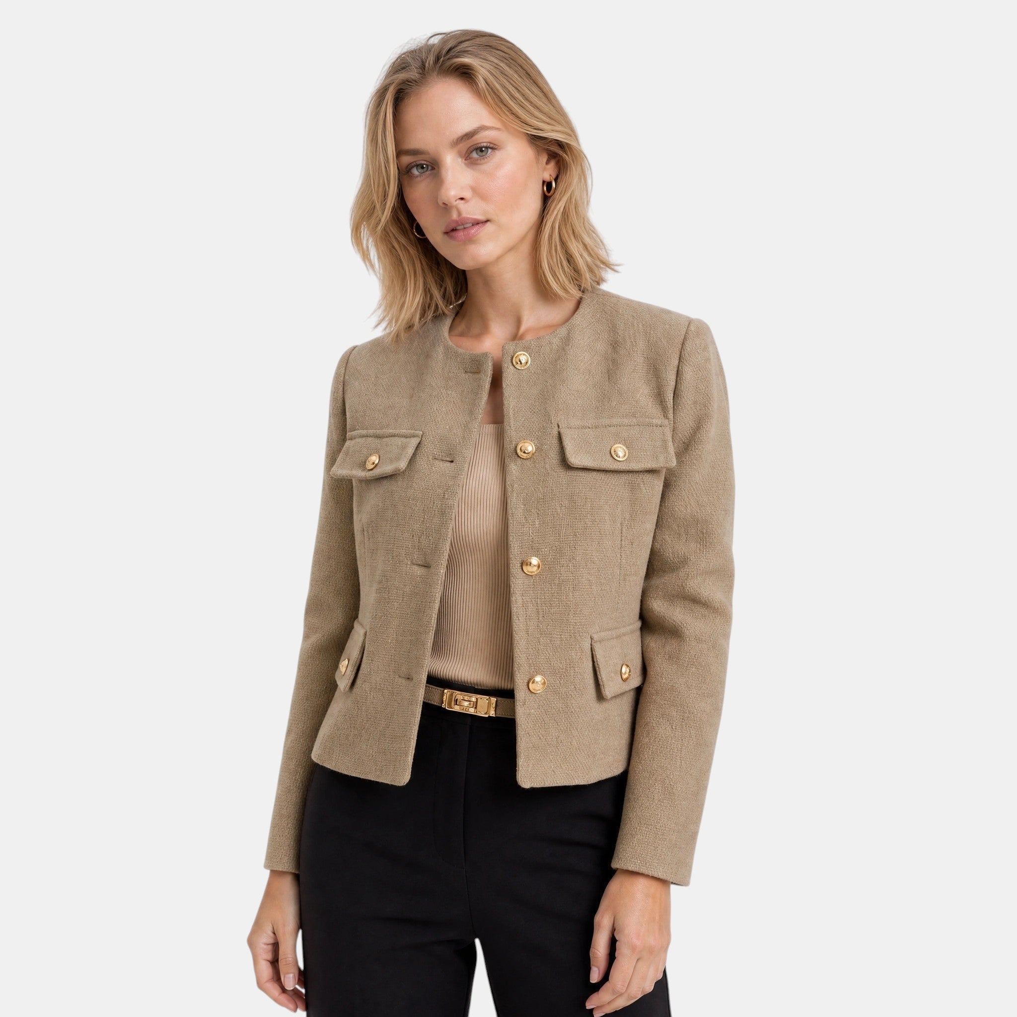 NAJAS | Women's Collarless Button Front Textured Jacket