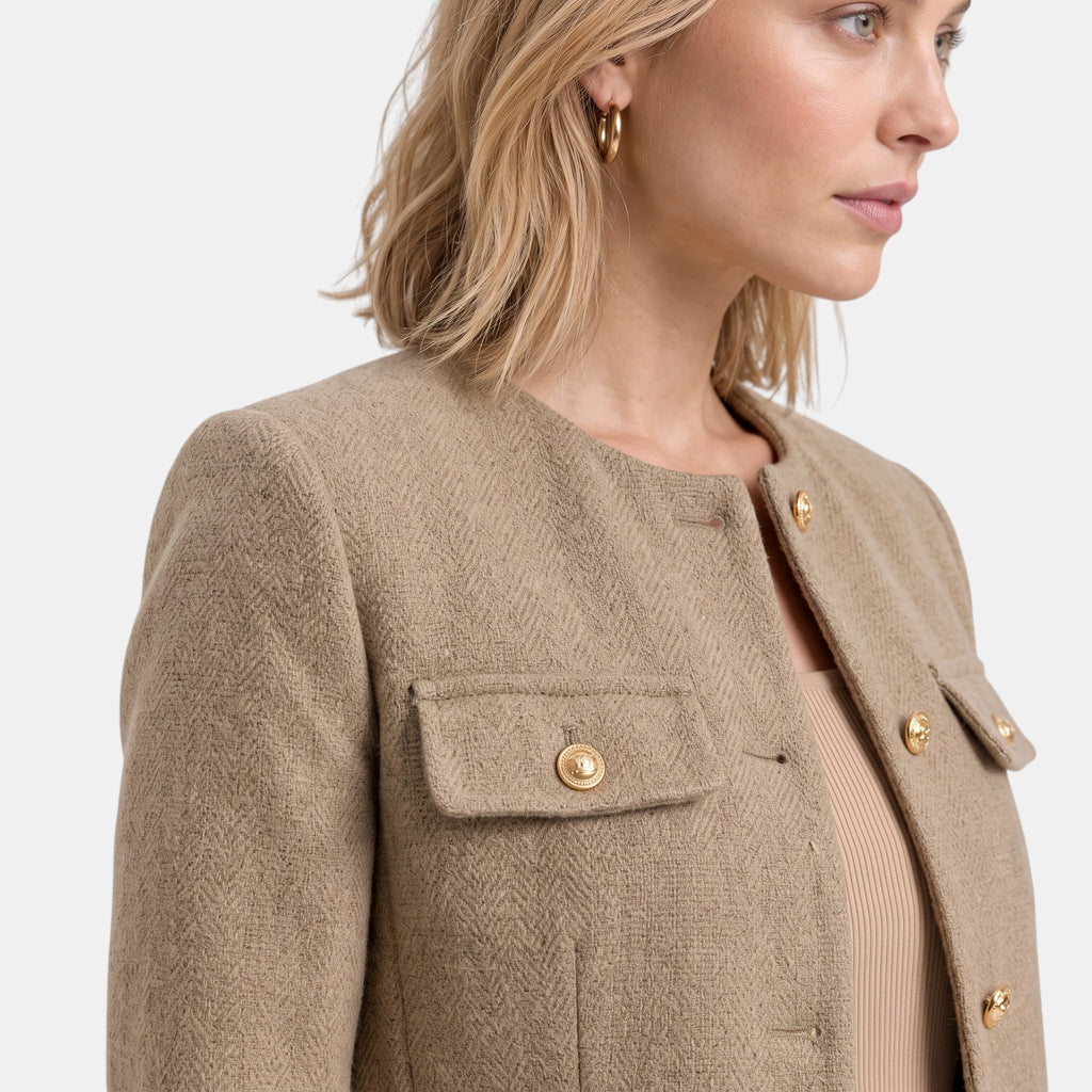 NAJAS | Women's Collarless Button Front Textured Jacket