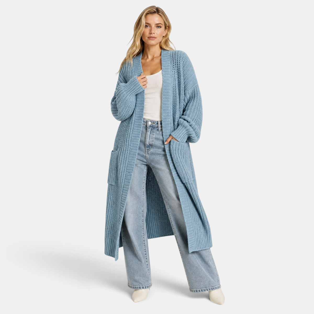 NAJAS | Women's Long Open Front Knit Cardigan with Pockets