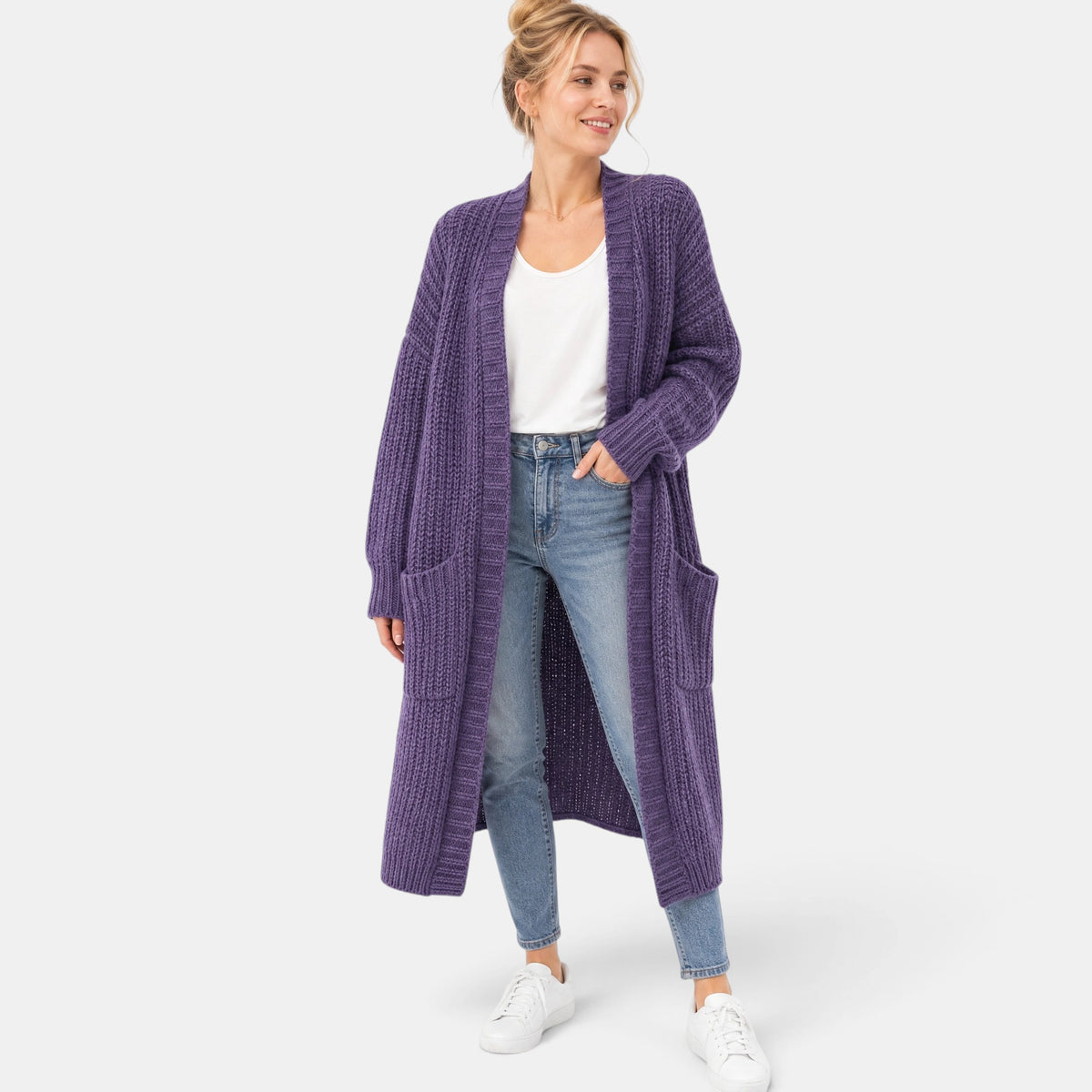 NAJAS | Women's Long Open Front Knit Cardigan with Pockets