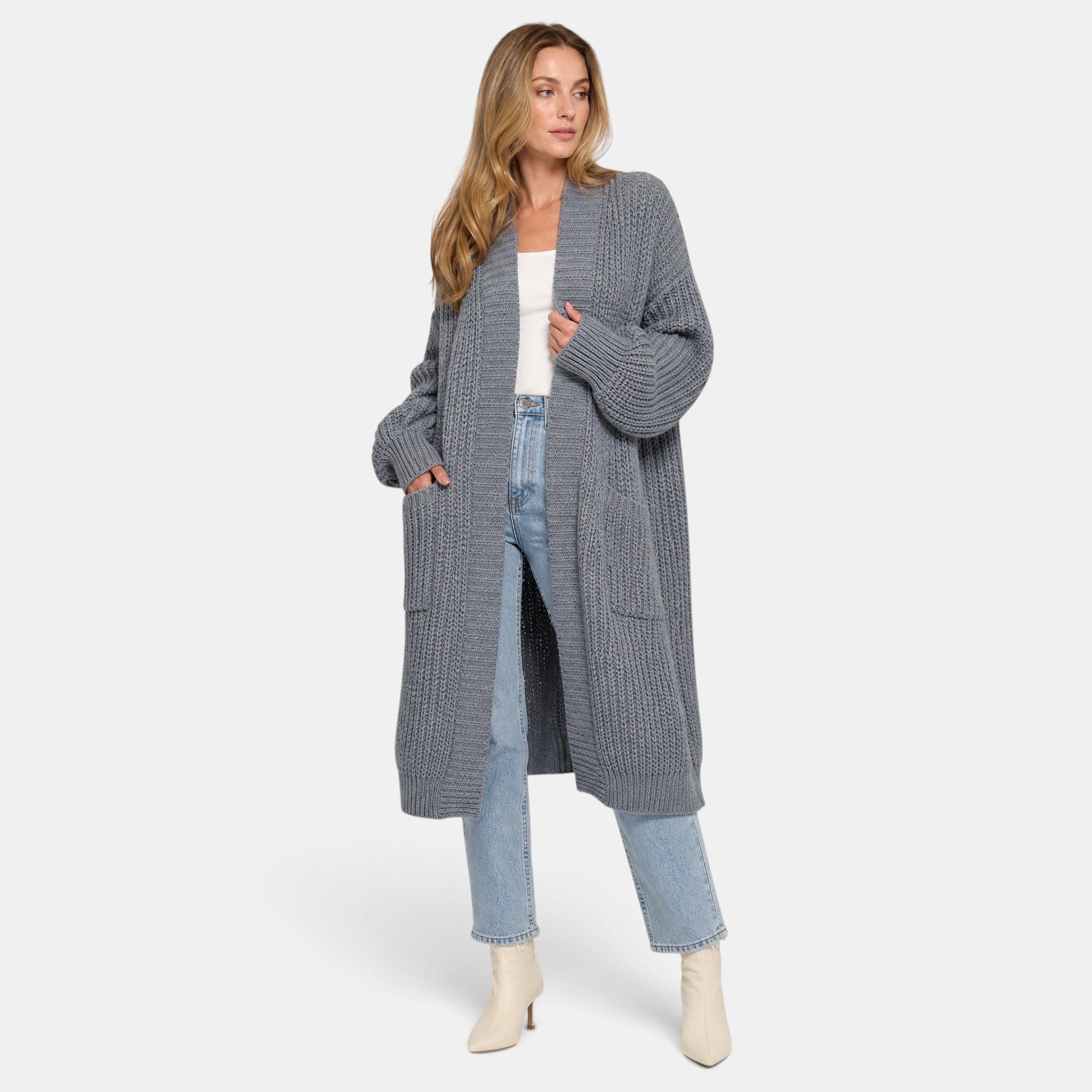 NAJAS | Women's Long Open Front Knit Cardigan with Pockets