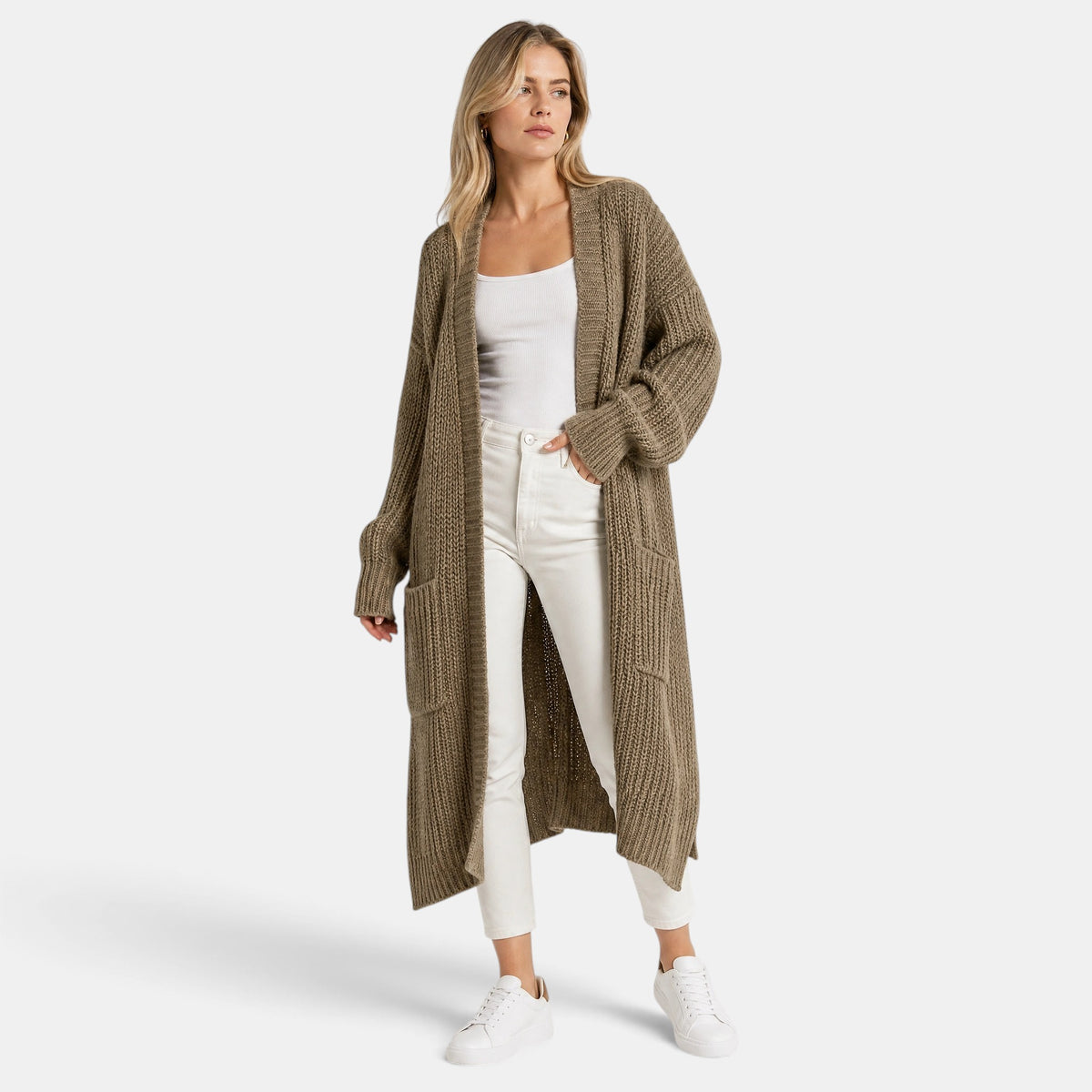 NAJAS | Women's Long Open Front Knit Cardigan with Pockets