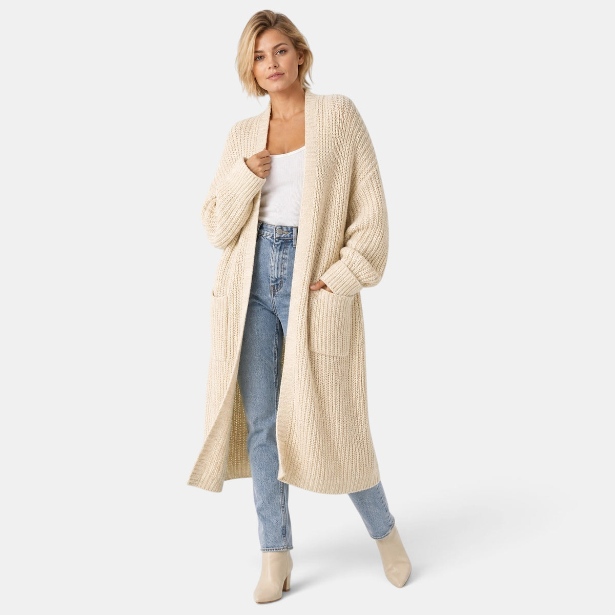 NAJAS | Women's Long Open Front Knit Cardigan with Pockets