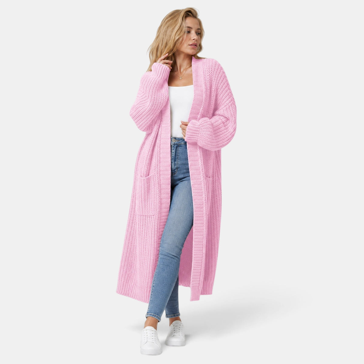 NAJAS | Women's Long Open Front Knit Cardigan with Pockets