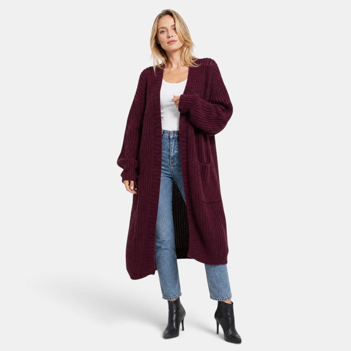 NAJAS | Women's Long Open Front Knit Cardigan with Pockets