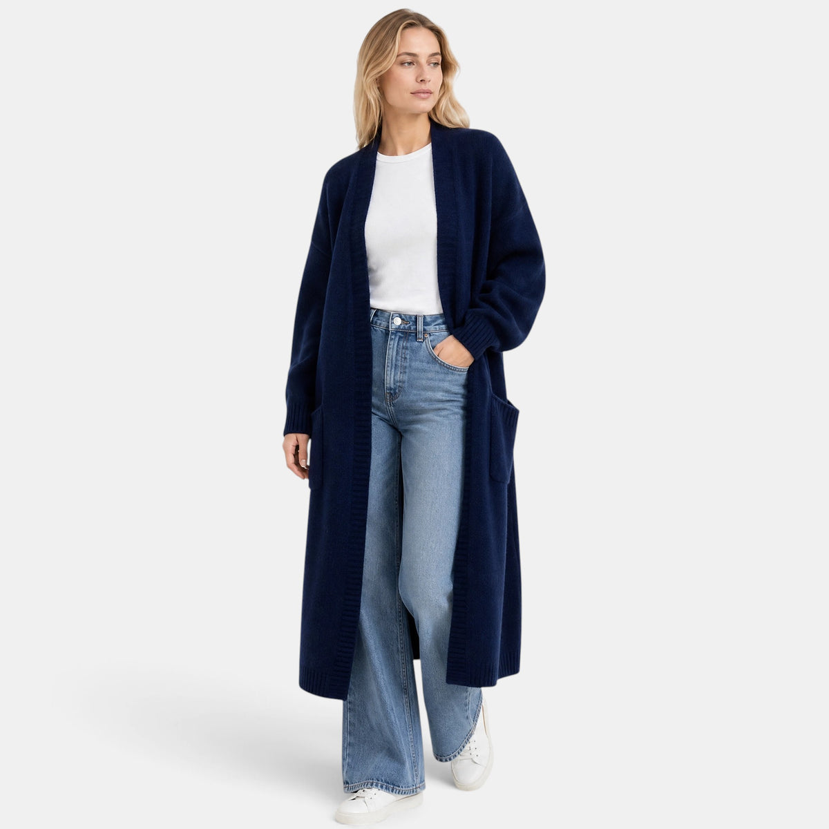 NAJAS | Women's Long Open Front Knit Cardigan with Pockets