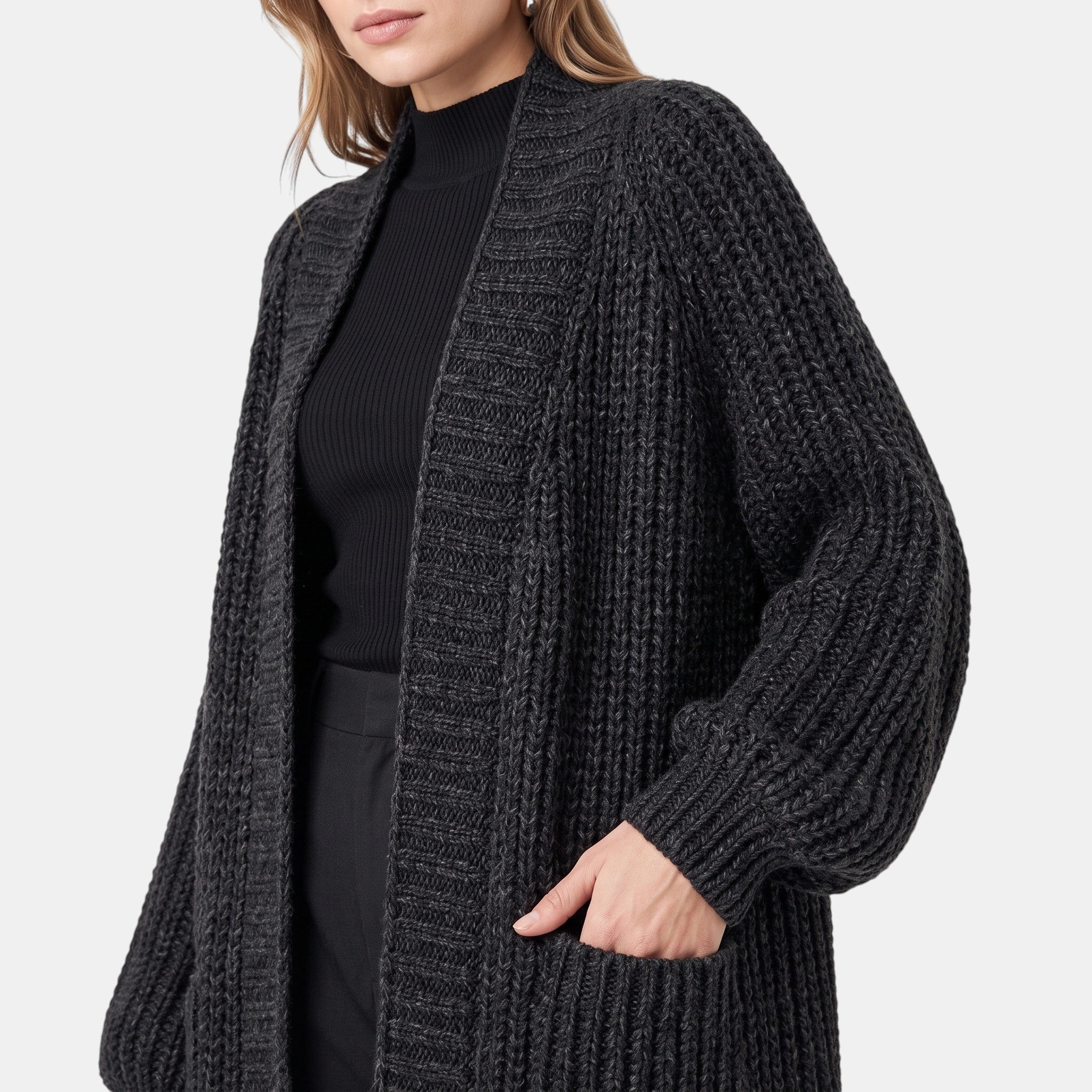 NAJAS | Women's Long Open Front Knit Cardigan with Pockets