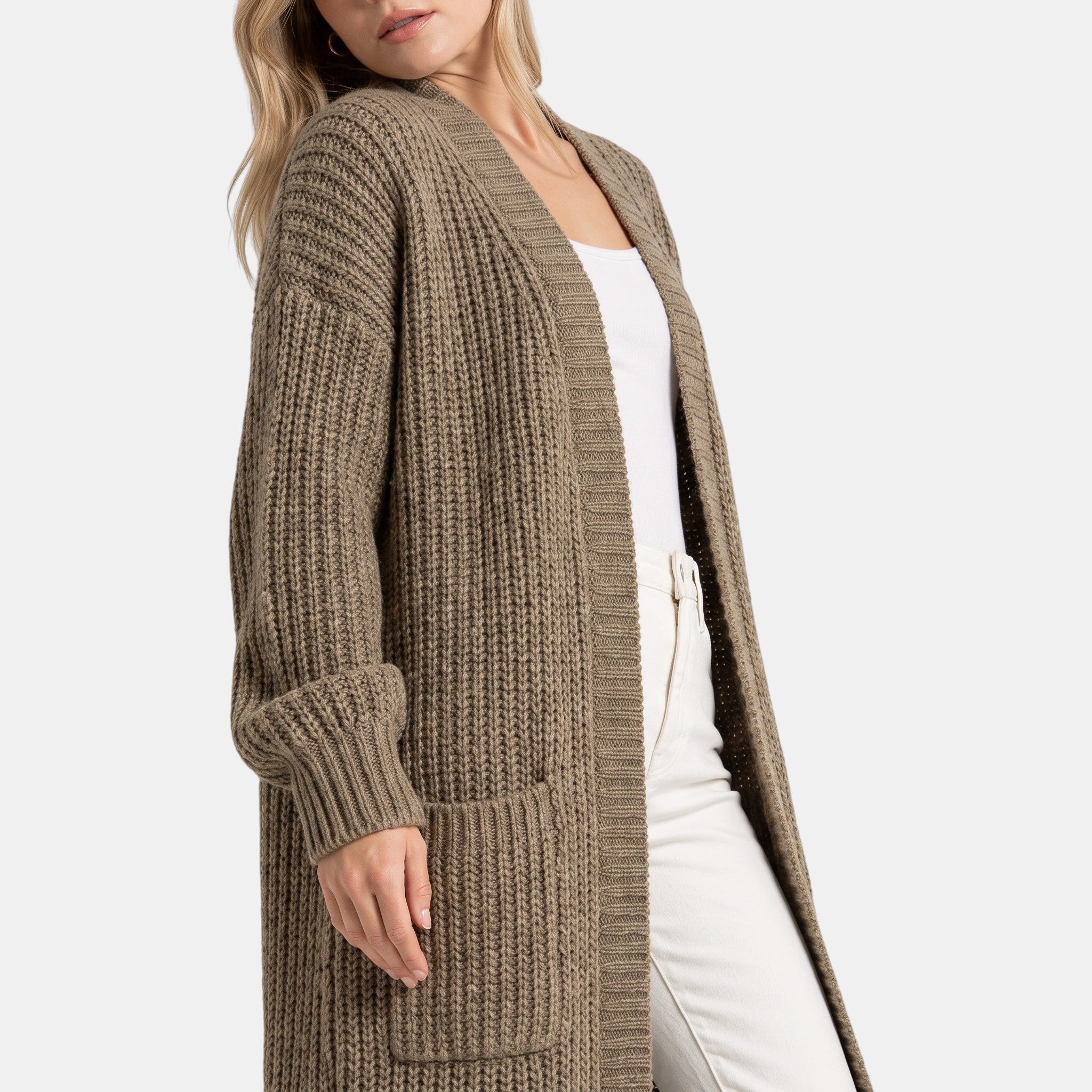NAJAS | Women's Long Open Front Knit Cardigan with Pockets