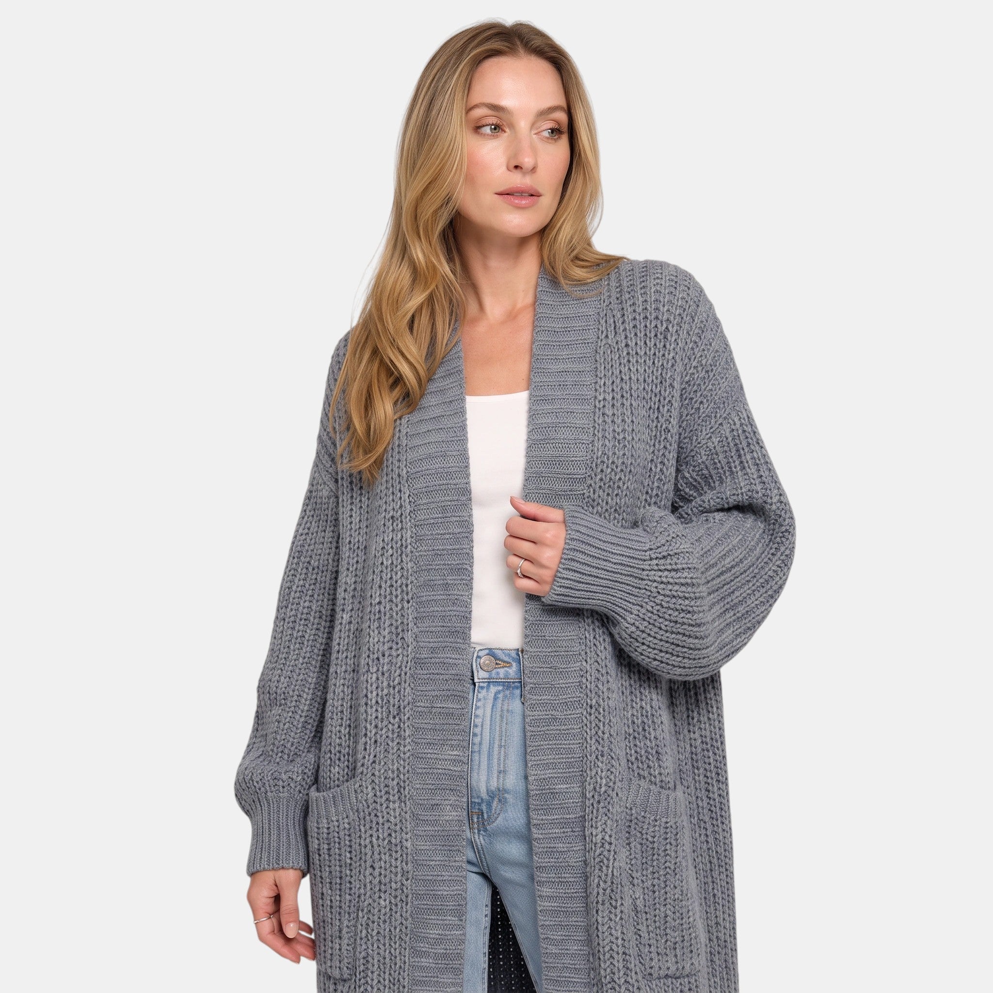 NAJAS | Women's Long Open Front Knit Cardigan with Pockets