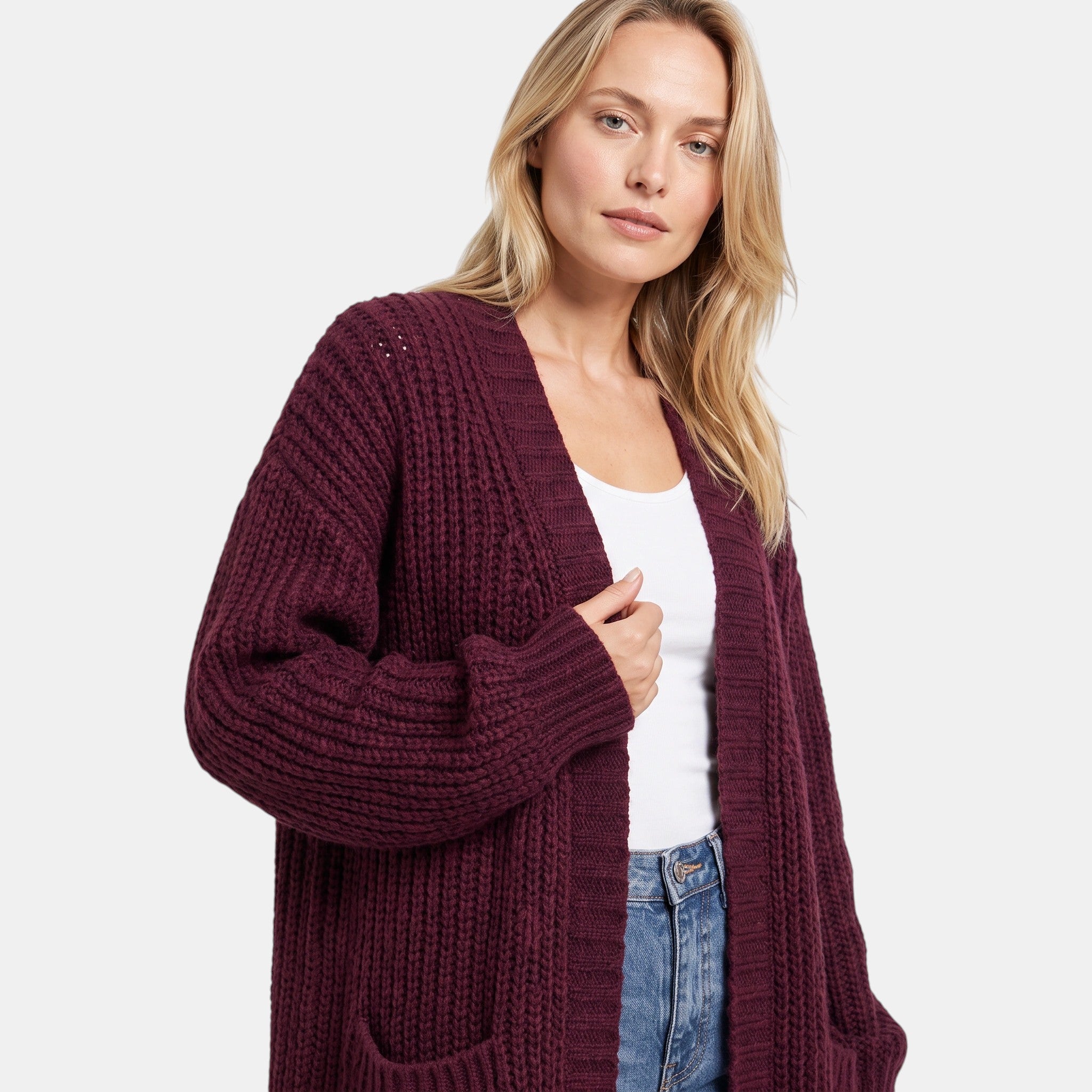 NAJAS | Women's Long Open Front Knit Cardigan with Pockets
