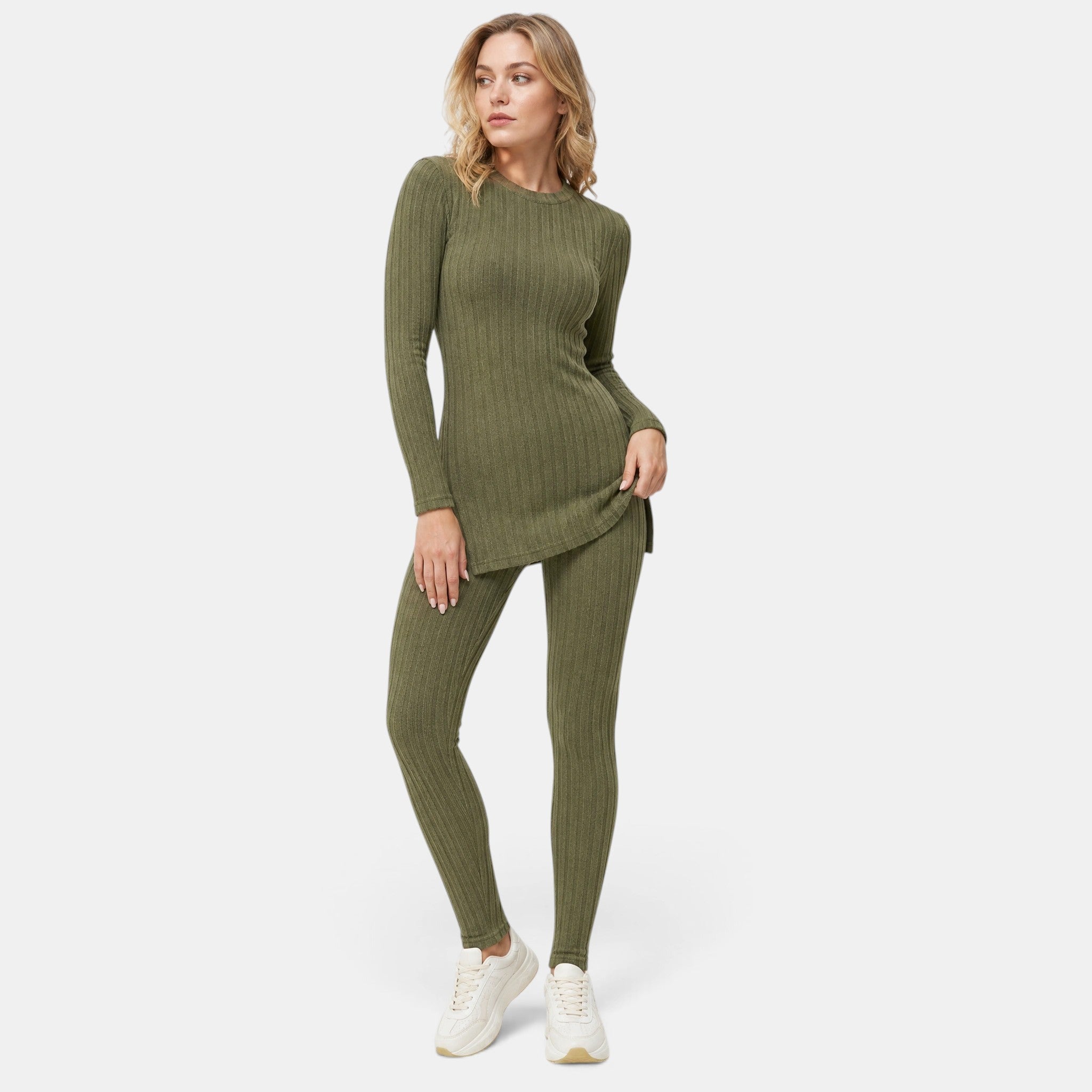 NAJAS | Women's Ribbed Knit Lounge Set with Split Hem Top & Leggings
