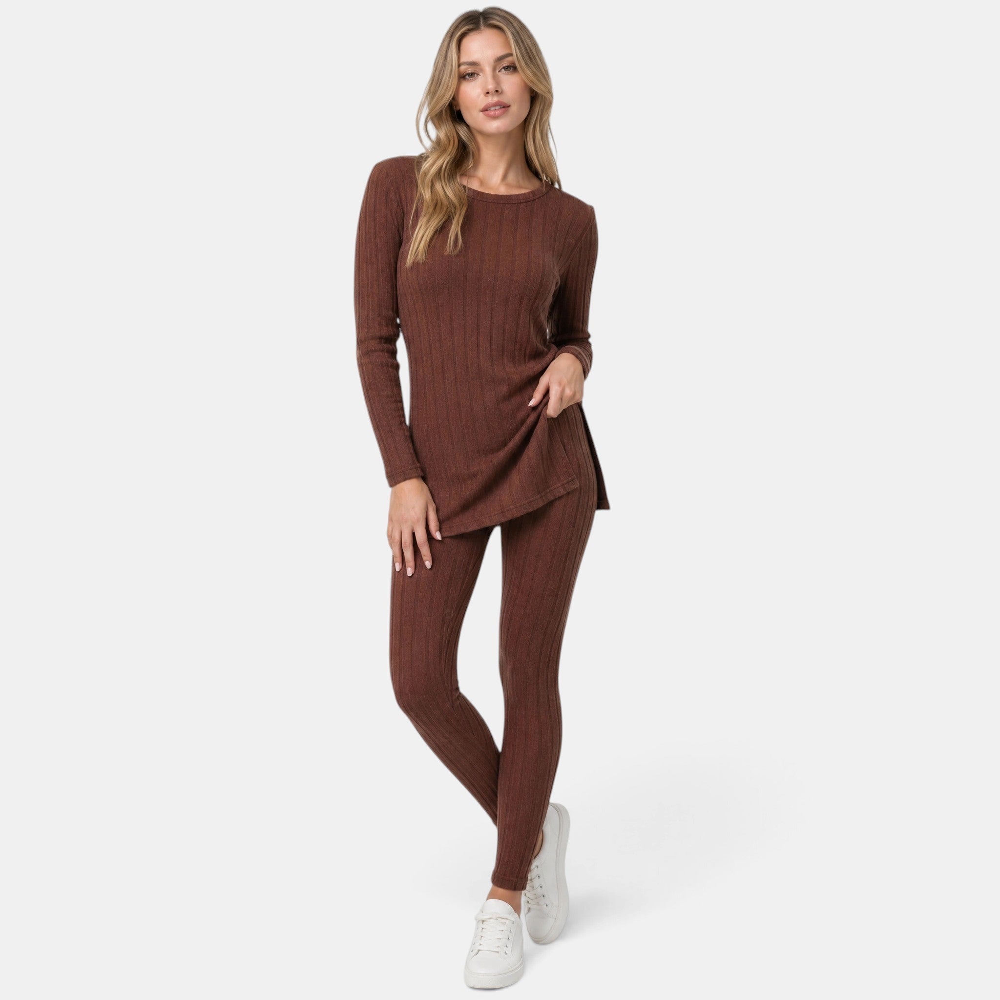 NAJAS | Women's Ribbed Knit Lounge Set with Split Hem Top & Leggings