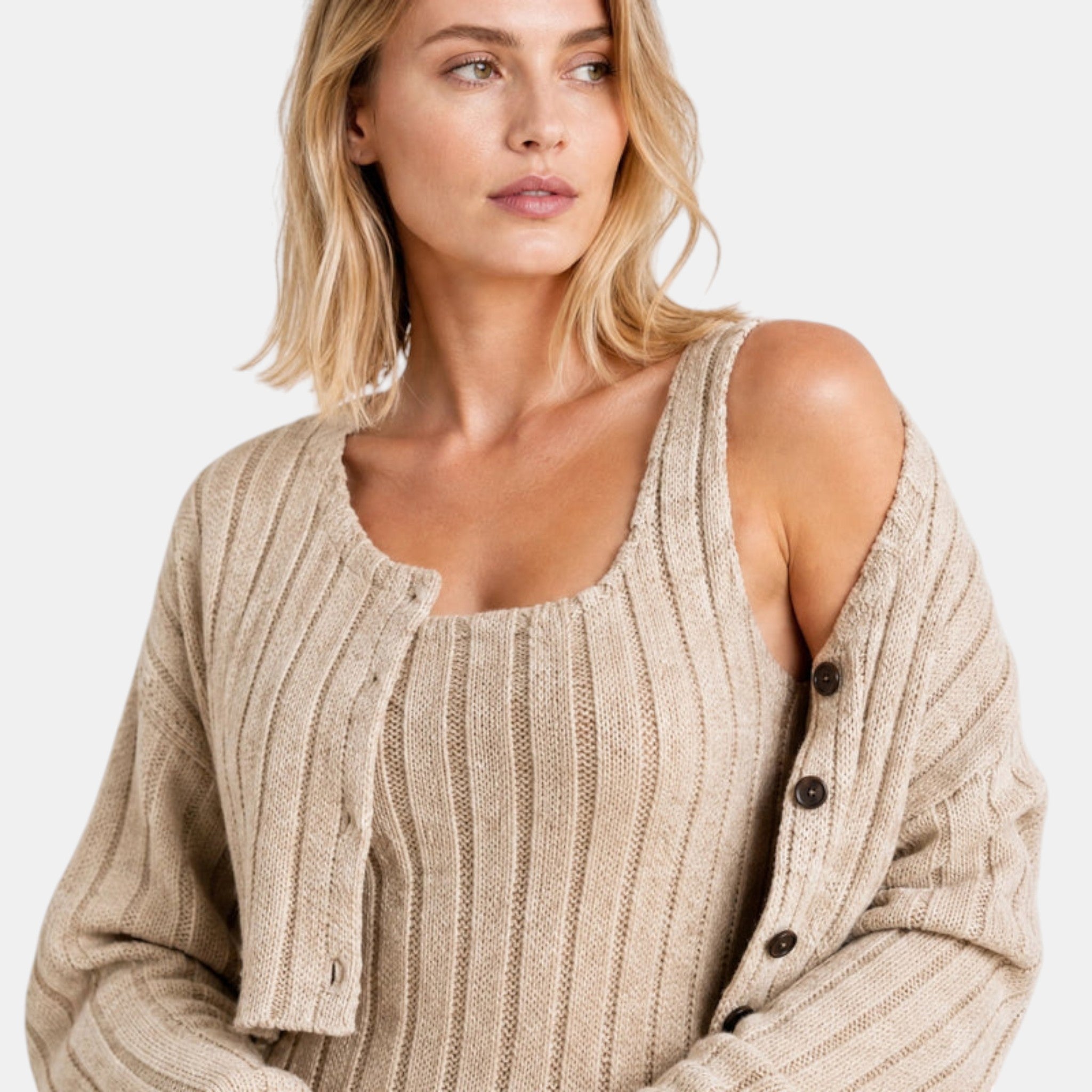 NAJAS | Women's Ribbed Knit Midi Dress & Cropped Cardigan Set