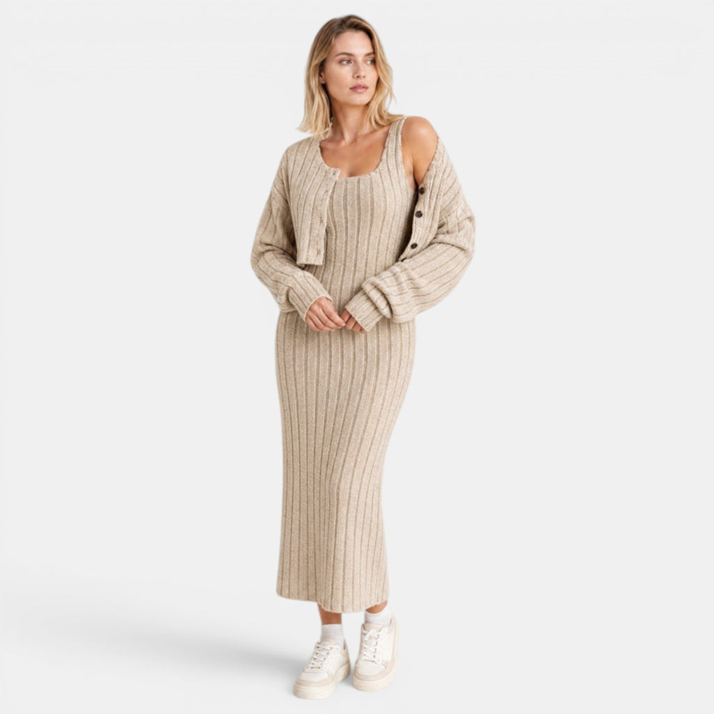 NAJAS | Women's Ribbed Knit Midi Dress & Cropped Cardigan Set