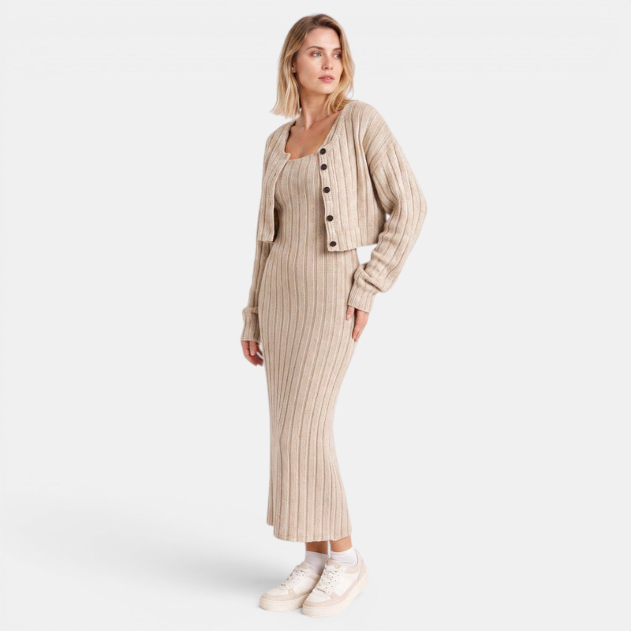 NAJAS | Women's Ribbed Knit Midi Dress & Cropped Cardigan Set