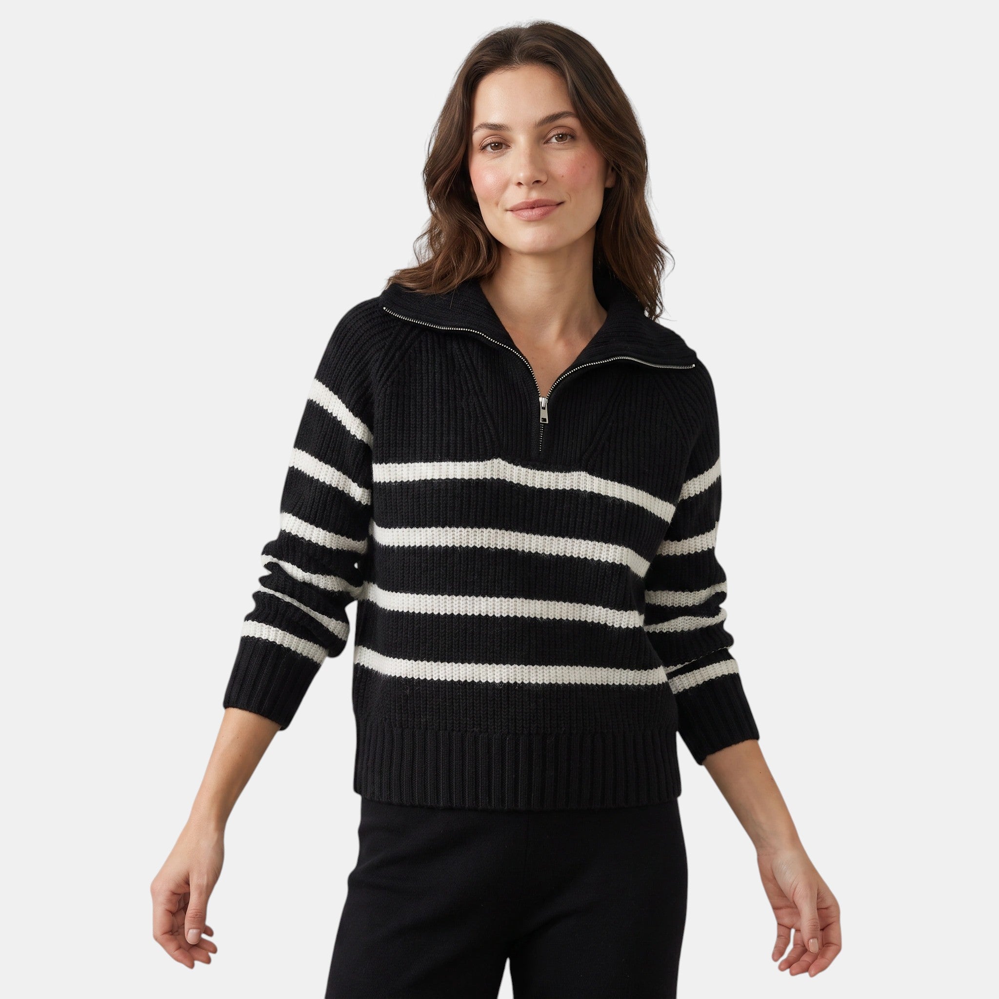 NAJAS | Women's Striped Half Zip High Neck Knitted Jumper