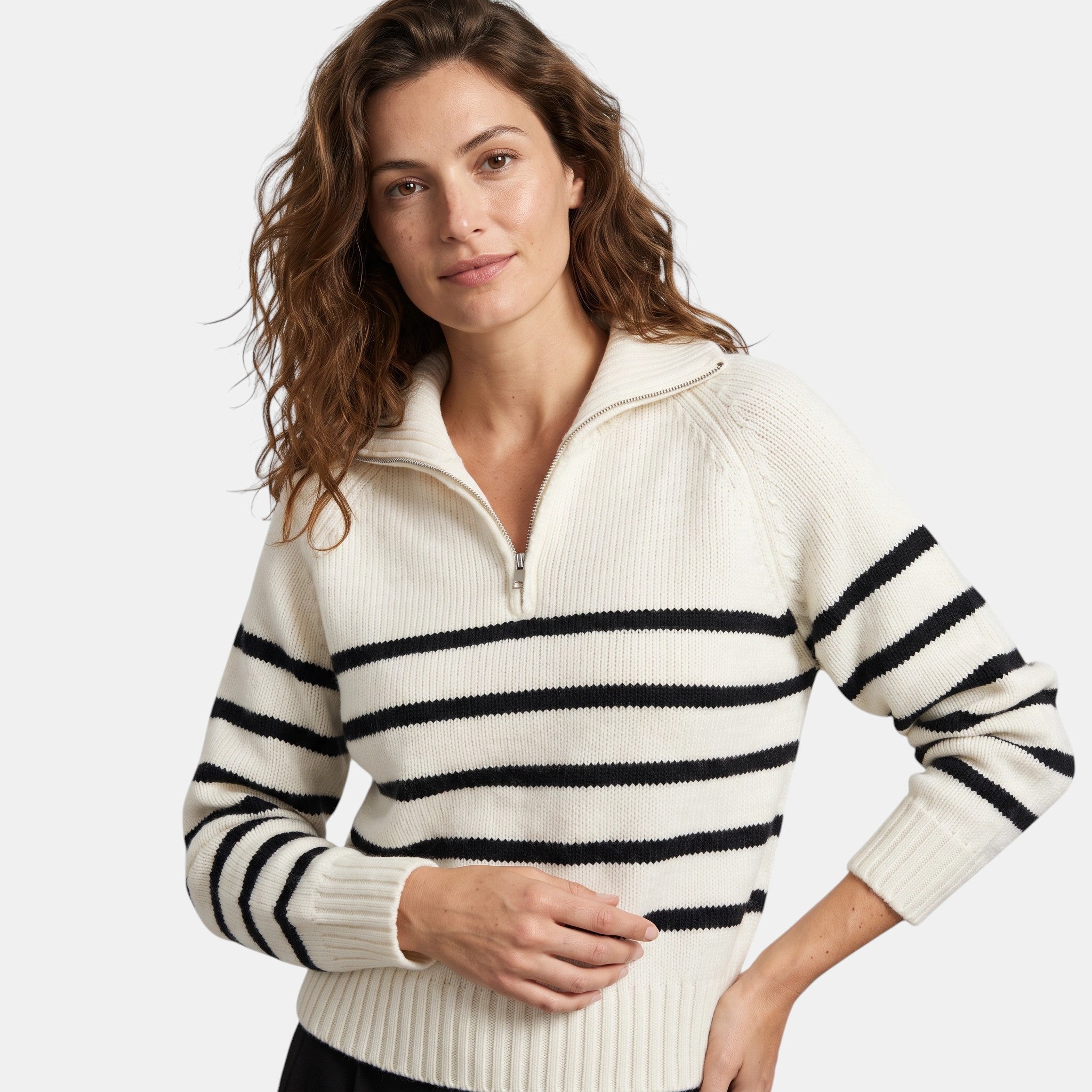 NAJAS | Women's Striped Half Zip High Neck Knitted Jumper