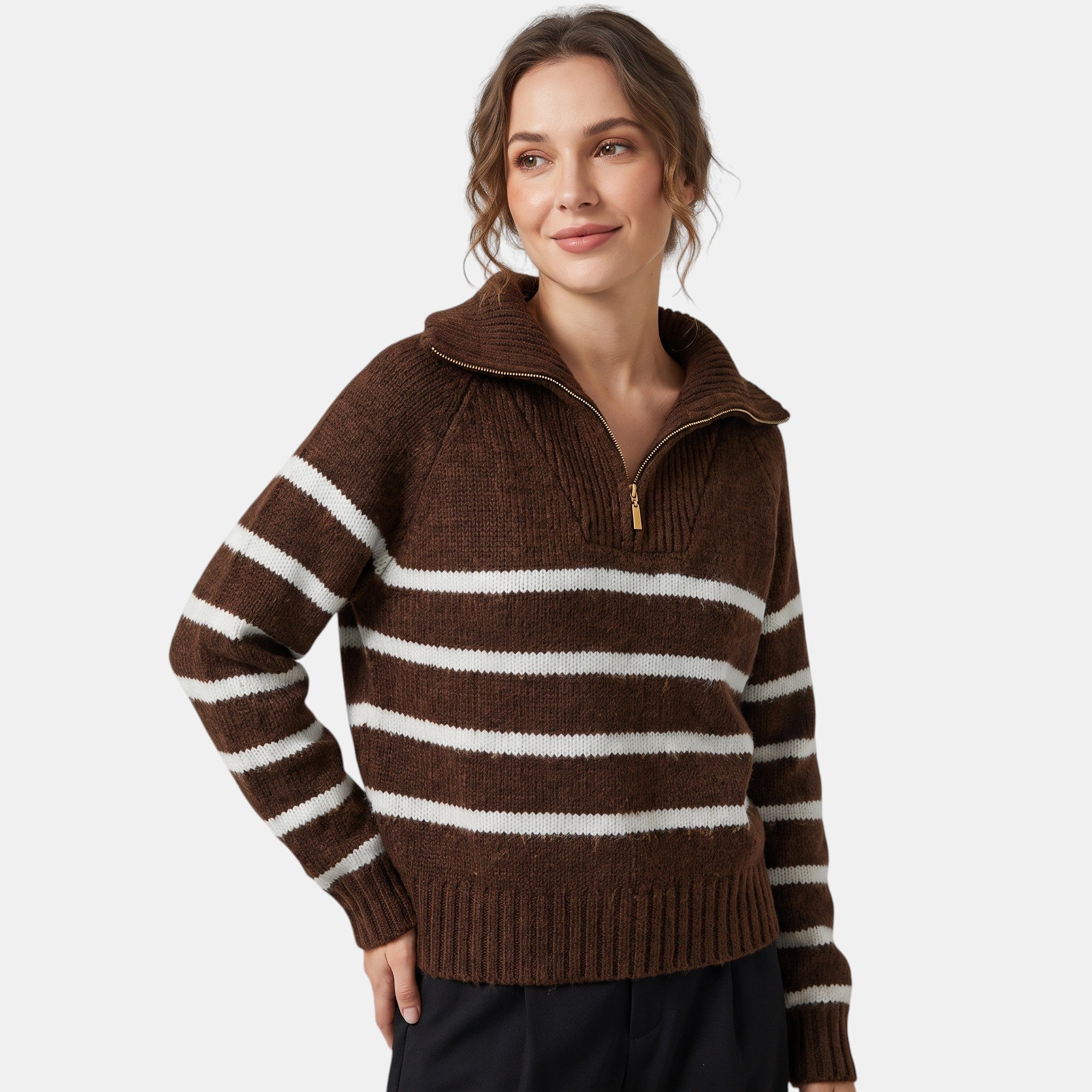 NAJAS | Women's Striped Half Zip High Neck Knitted Jumper